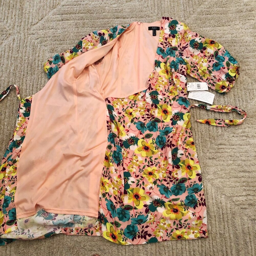 NWT $225 Aidan Mattox Peach Floral Printed Faux Wrap Cocktail Summer Dress 2 XS - Picture 5 of 8